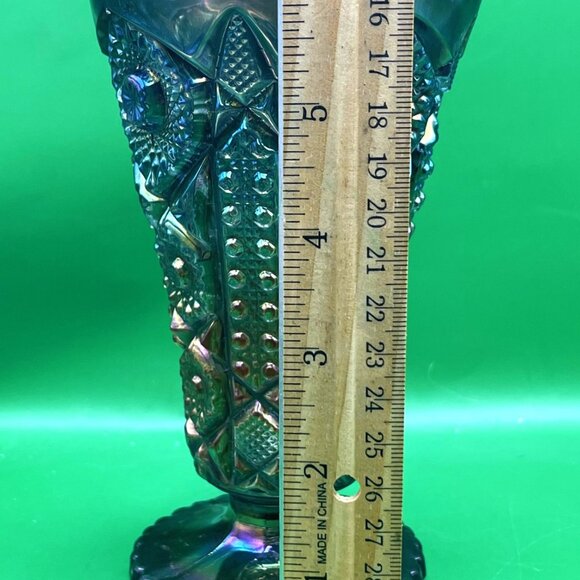 Vintage 1950s Imperial Carnival Glass Daisy Button Green Flared Vase Crimped Rim - Picture 7 of 16